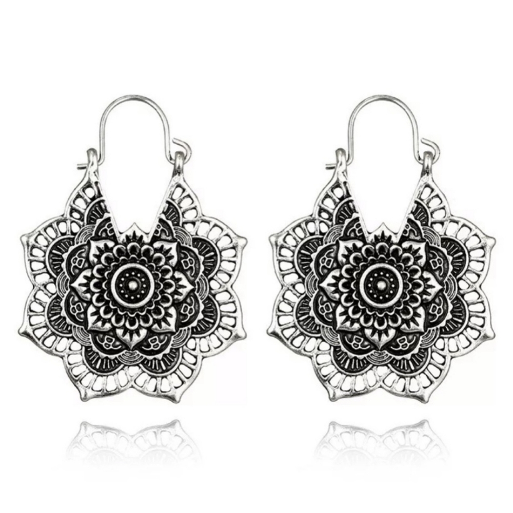 Boho Mandala Dangle Silver Bohemian Floral Metallic Earrings
